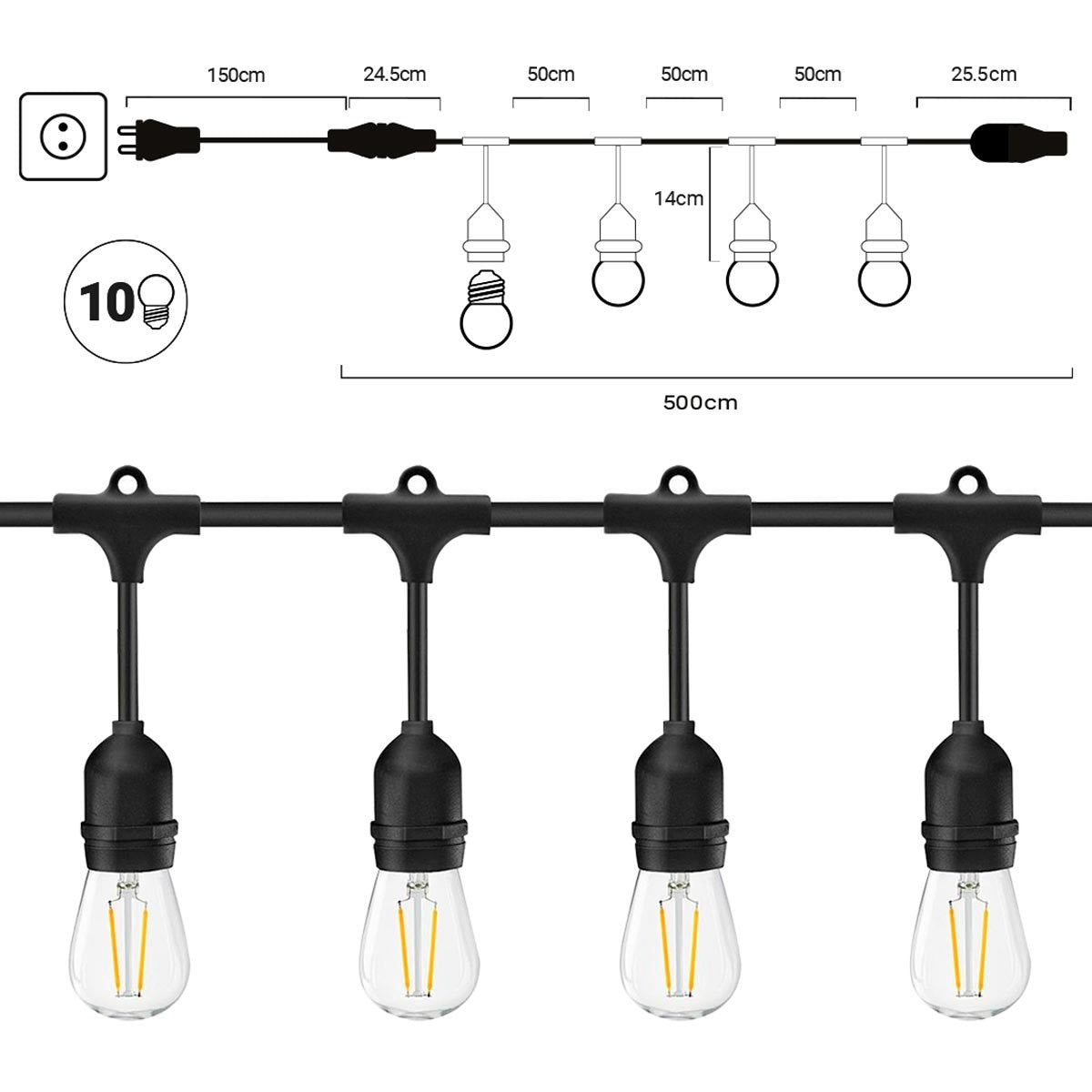 Guirnalda exterior conectable en serie - IP65 - 6,5 metros - 10 x E27 (19)